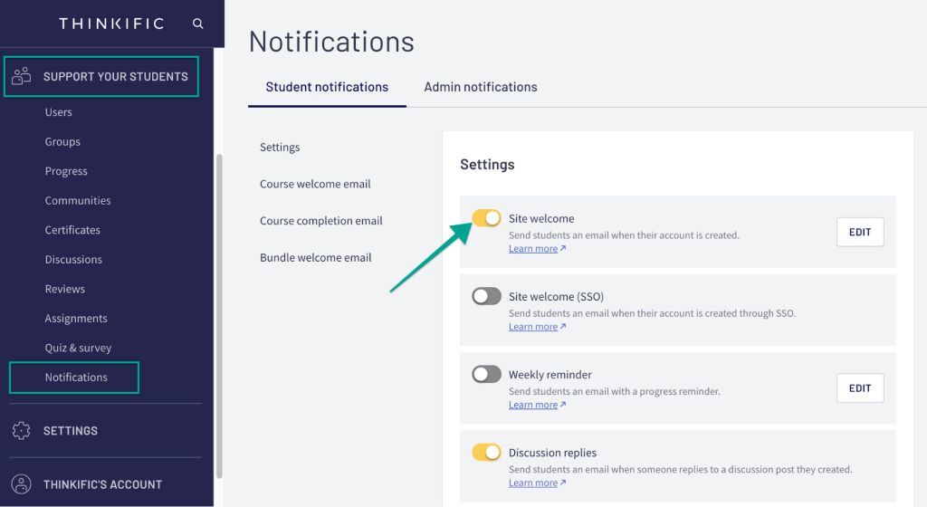 E-Learning platform Notification and reminders settings